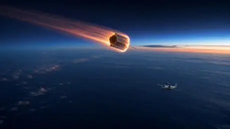 Illustration of a Cluster-era science satellite reentering above the South Pacific as a research aircraft observes.