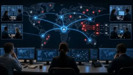 Original illustration of international teams coordinating to isolate and disrupt online scam networks across a world map