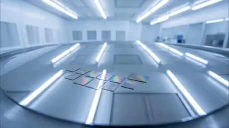 Editorial illustration of an advanced semiconductor chip representing TSMC's 2nm production
