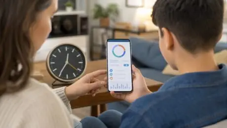 Parent and teenager review screen-time and parental-control settings on a smartphone