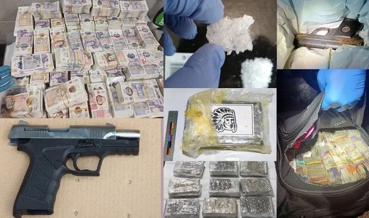 Official montage of cash, firearms and drugs seized in Merseyside Organised Crime Partnership investigations
