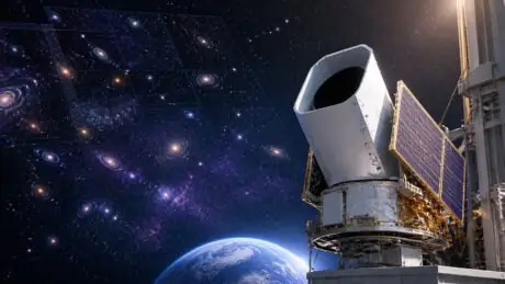Original illustration of a wide-field space telescope surveying a panorama of distant galaxies before its planned launch