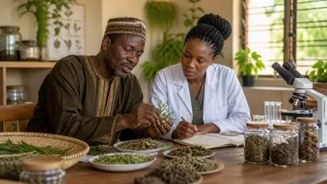 Traditional health practitioner and biomedical researcher examining plant samples together in a community research setting.