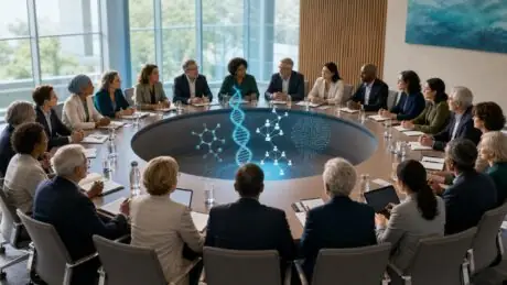 Original illustration of a diverse global health science council discussing medical research and emerging technologies
