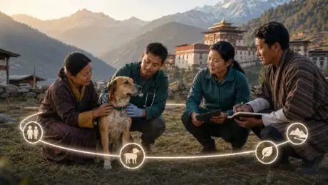 Bhutanese public-health and veterinary workers gather with a vaccinated community dog in a Himalayan valley