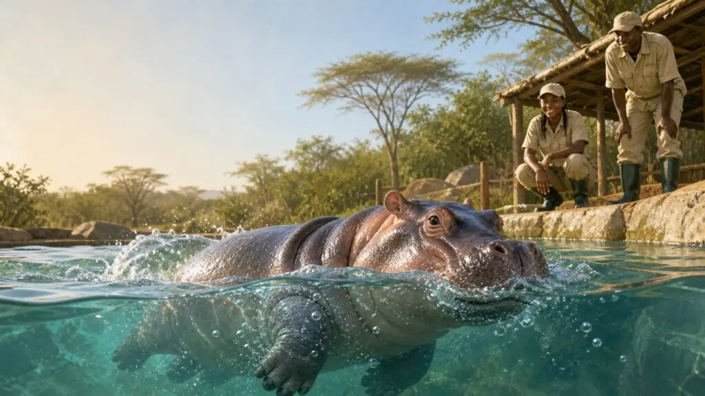 Original editorial illustration of rescued hippo Bumpy swimming in a rehabilitation pool as two keepers watch