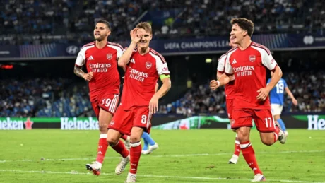 Martin Ødegaard celebrates Arsenal’s Champions League winner against Napoli
