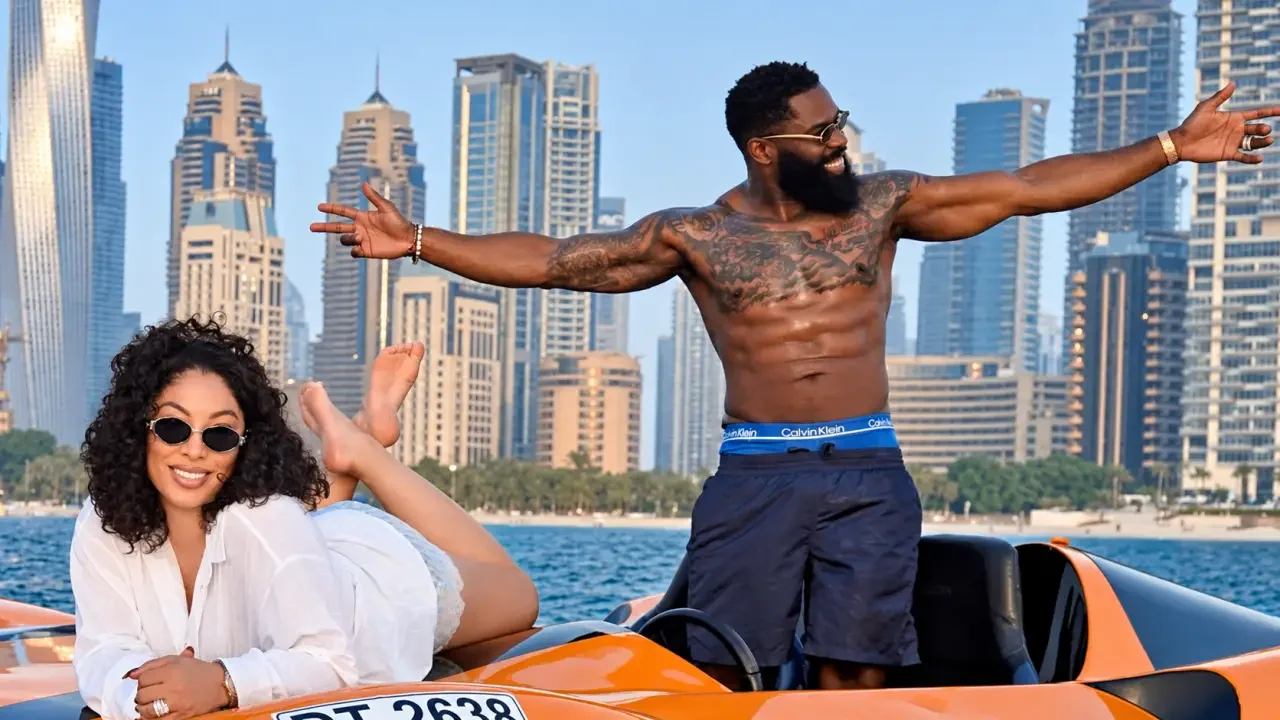 Igho Ubiribo and a woman on an orange speedboat in Dubai
