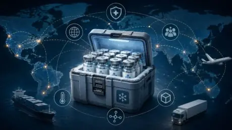 Original editorial illustration of mpox vaccine vials in a cold-chain case connected to global transport routes.