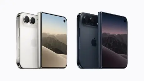 Apple iPhone Duo shown folded in star white and night sky