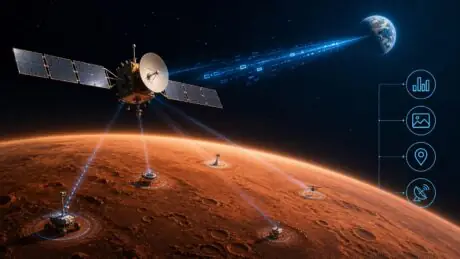 Illustration of a communications orbiter relaying data between Mars spacecraft and Earth