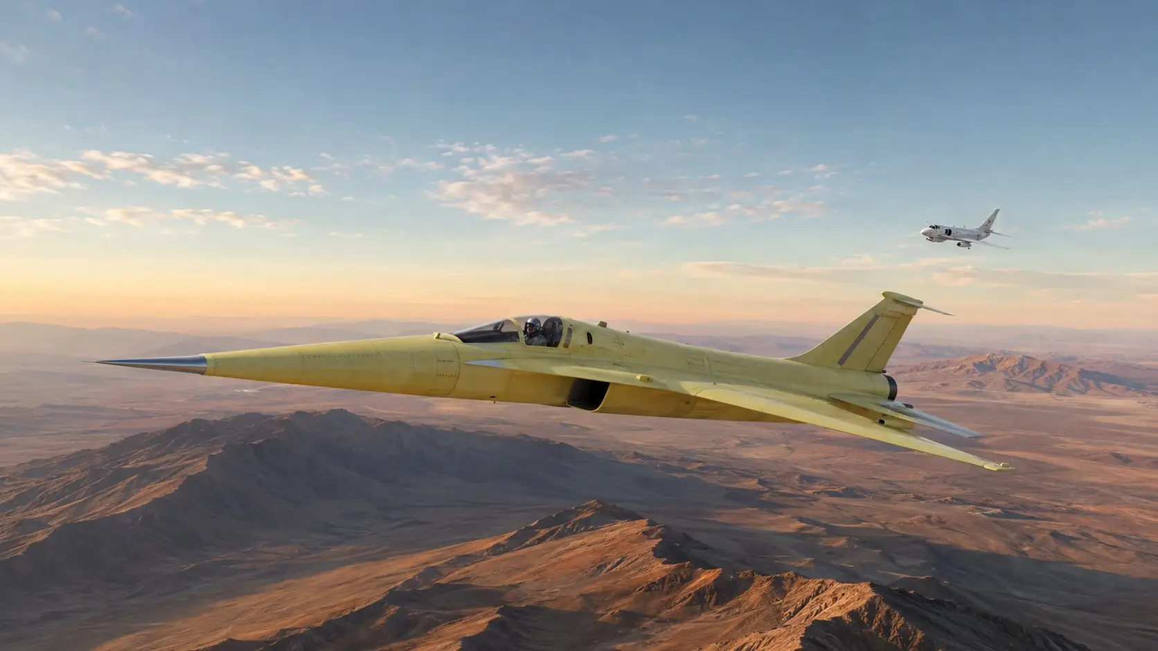 Yellow X-59 quiet-supersonic research aircraft flying above California’s Mojave Desert with a chase plane in the distance