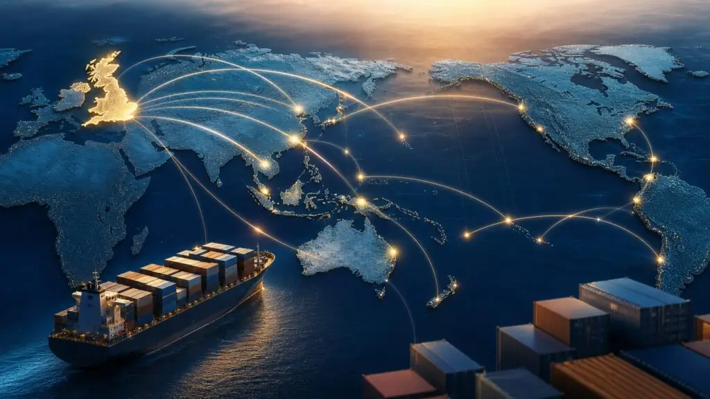 Editorial illustration of trade routes linking the United Kingdom with CPTPP markets across the Pacific