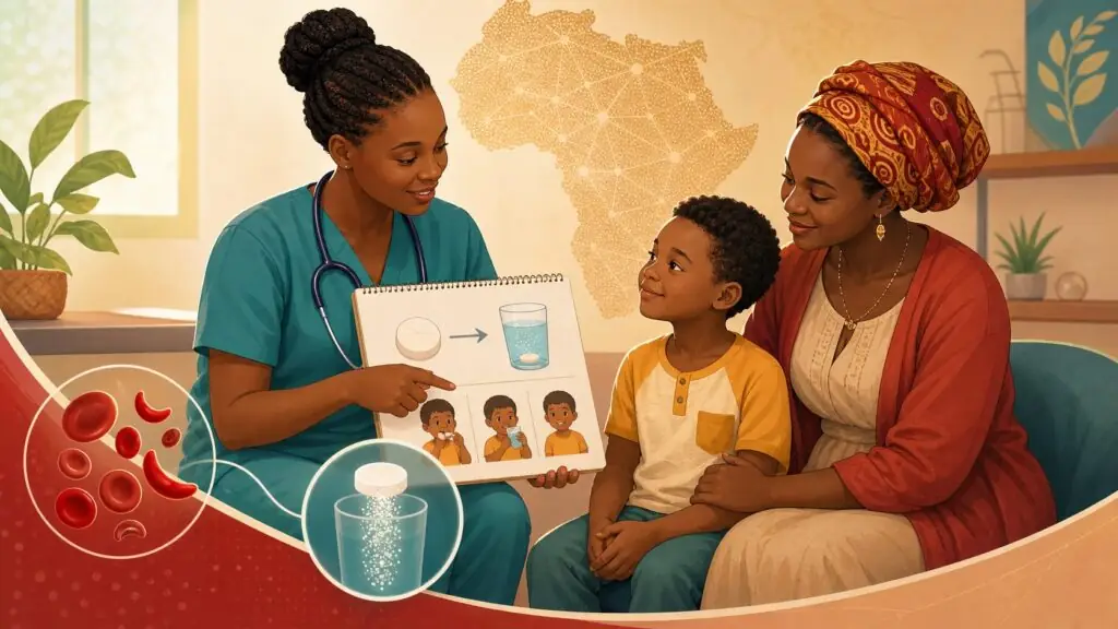 Illustration of a clinician explaining dispersible sickle cell medicine to a child and parent in a warm clinic