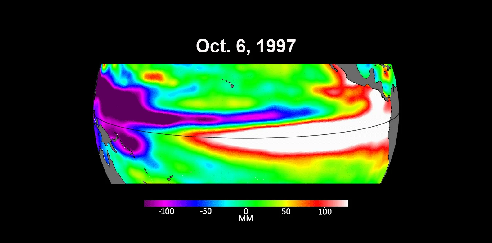 NASA satellite-derived map of Pacific sea-surface height anomalies dated October 6, 1997