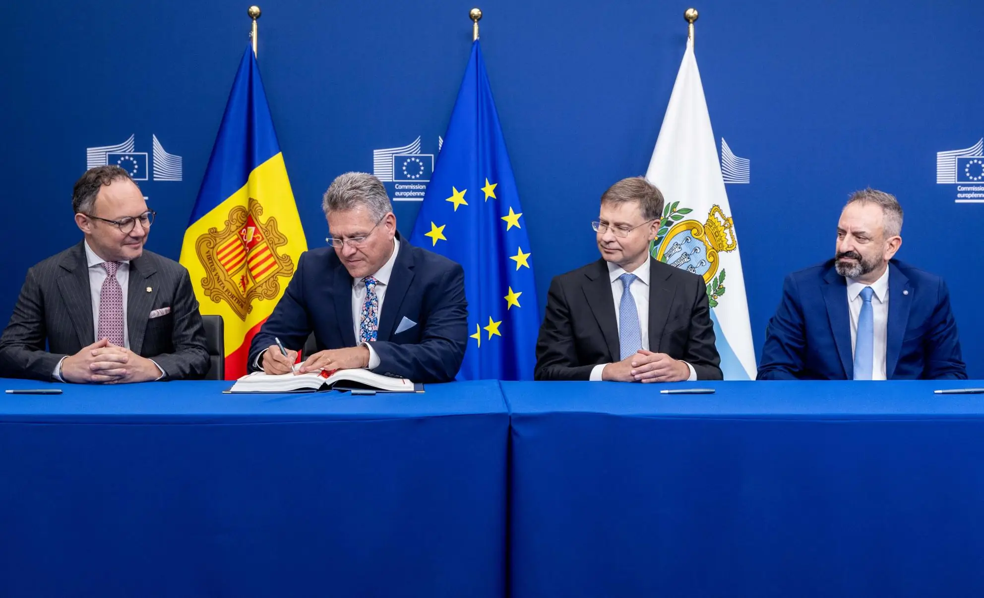 EU, Andorran and San Marino officials at the October 19, 2026 association-agreement signing in Brussels.