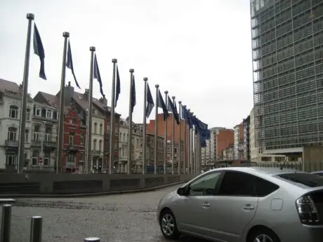 European Union flags outside the Berlaymont building in Brussels in January 2009