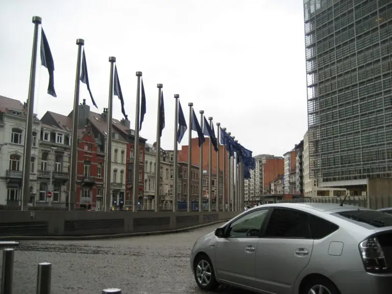 European Union flags outside the Berlaymont building in Brussels in January 2009