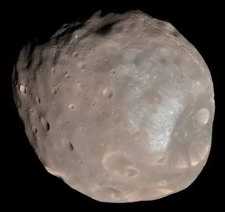 Enhanced-colour HiRISE photograph of Phobos and Stickney crater, captured March 23, 2008