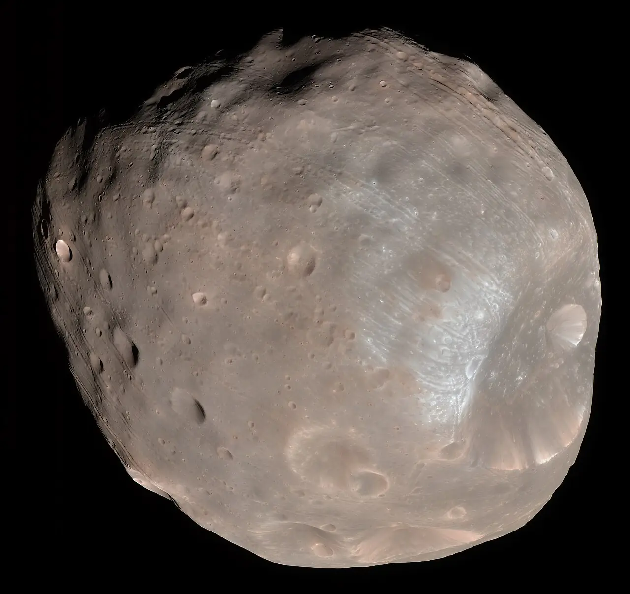 Enhanced-colour HiRISE photograph of Phobos and Stickney crater, captured March 23, 2008