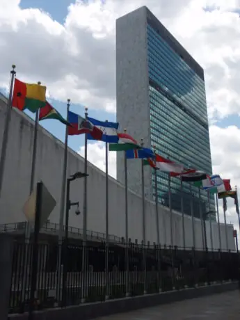 United Nations headquarters and flags in New York in May 2009