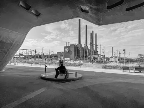 Black and white view of Volkswagen’s Wolfsburg plant in August 2024