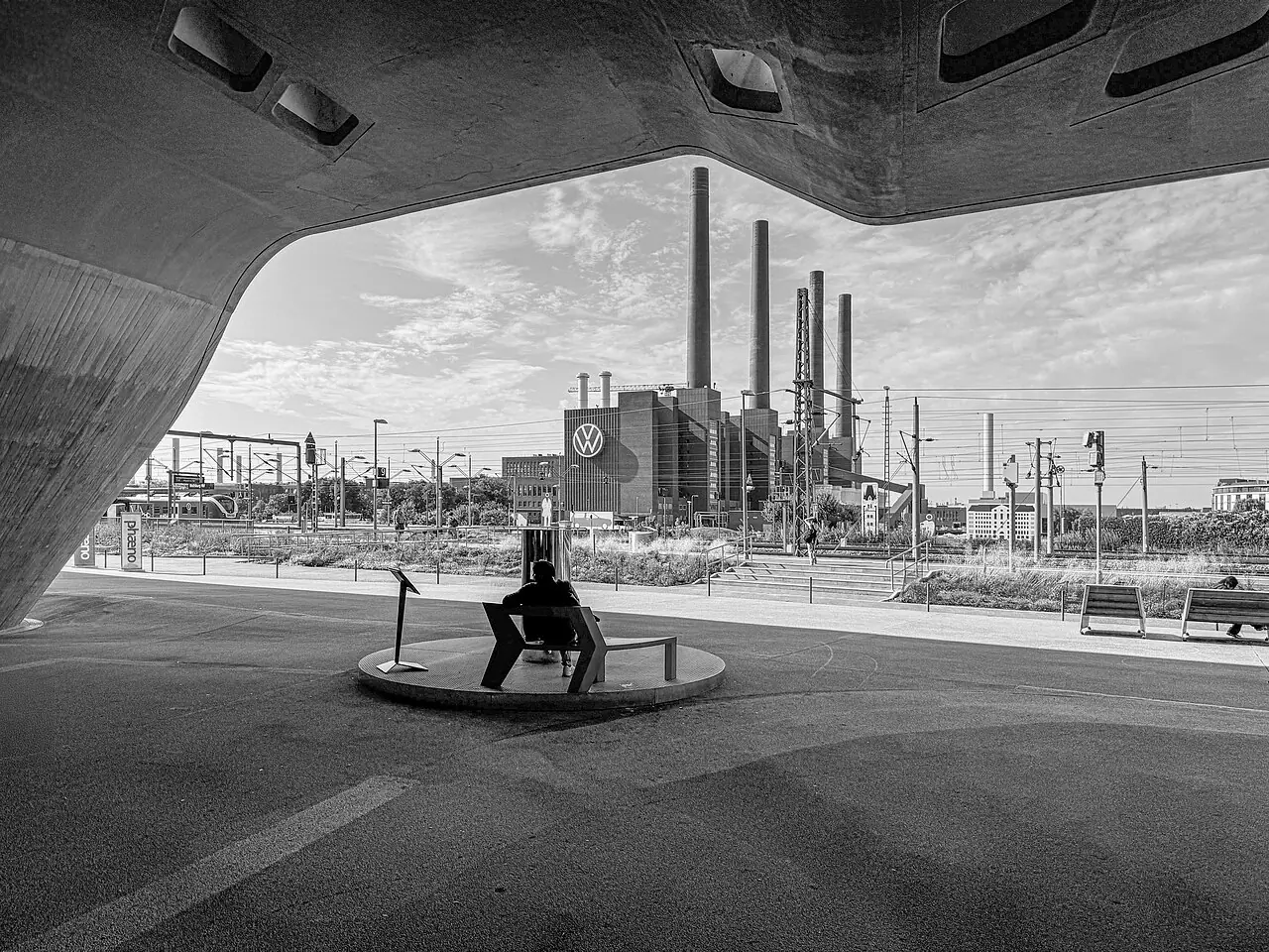 Black and white view of Volkswagen’s Wolfsburg plant in August 2024